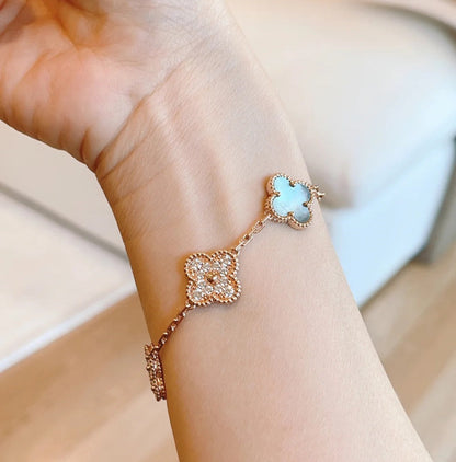 [Luna Brilliance]CLOVER 5 MOTIFS DARK MOP AND DIAMONDS PINK GOLD BRACELET
